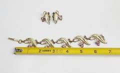 Vintage Judy Lee Signed Gold Tone Rhinestone Bracelet And Clip On Earrings Leaf