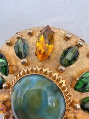 Vintage Accessocraft Brooch Pendant Green Gold Rhinestone Gold Tone Sunburst