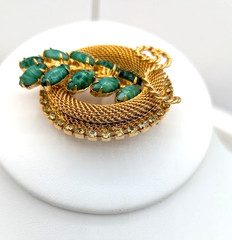 Vintage HOBE Brooch Earrings Set Green Art Glass Gold Mesh Rhinestone