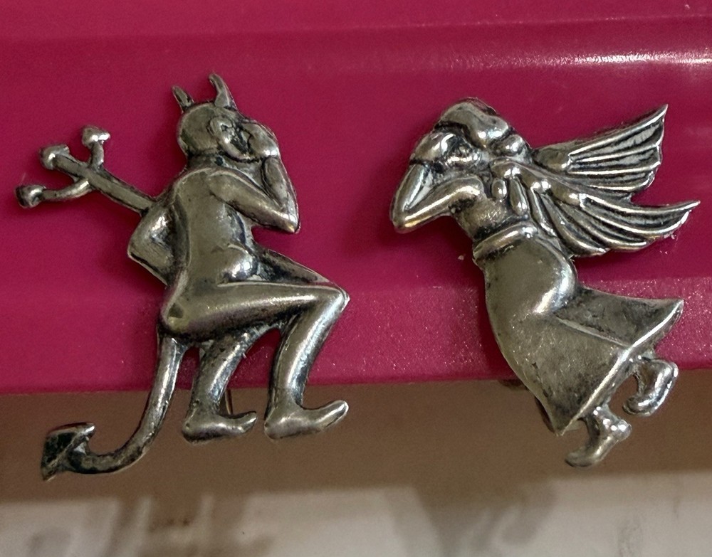 Vtg Sterling Silver Angel & Devil Whispering Screw back Earrings Good Evil 925.