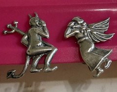 Vtg Sterling Silver Angel & Devil Whispering Screw back Earrings Good Evil 925.