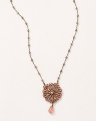 Copper & Brass Filigree Daisy Necklace with Peach & Gray Moonstone | 24″