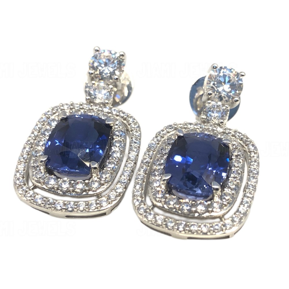 Cushion Cut Blue Sapphire Simulated Diamond Double Halo Drop Earrings 925 Silver