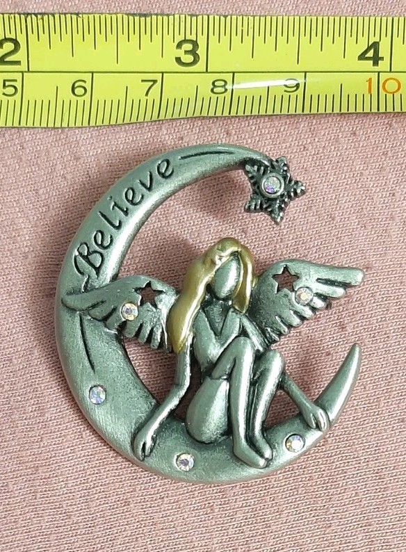 Believe Fairy Angel Moon Star Sparkle Crystal Signed DD Patricia Dash Brooch Pin
