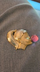 Rare AJC American Jewelry Bubble Gum Girl Brooch Gold Tone Pink Bubble Signed