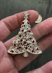 3 Vtg Silver Tone Christmas Tree Rhinestone Brooch Holiday Party Pins Lot of 3
