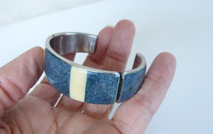 Vtg Estate Jewelry Artisan Metal Cuff Bracelet Coral Denim Blue & White Inlay