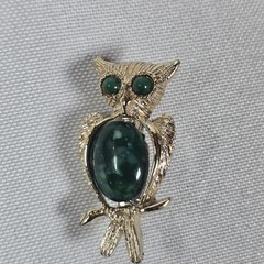 3 Vintage OWL Pin Brooch Lot: Gold Tone Green Belly, Rhinestones, Liz Claiborne