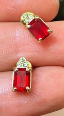 Vintage Gold Tone Red Emerald Cut Rhinestone Stud Earrings Estate Jewelry
