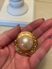 Christian Dior Earrings Vintage Pearl Round Logo Gold Tone Clip On