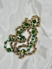 Signed Napier 3 Strand Green Aurora Borealis Crystal Bead Gold Chain Necklace