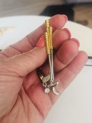 Vintage Liz Claiborne LC Signed Gold Clubs Rhinestone Ball Dangle Brooch Pin.
