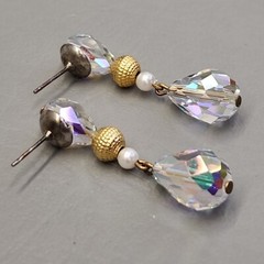 Vintage Glass Earrings Dangle AB Teardrop Faceted Drop 1.5″