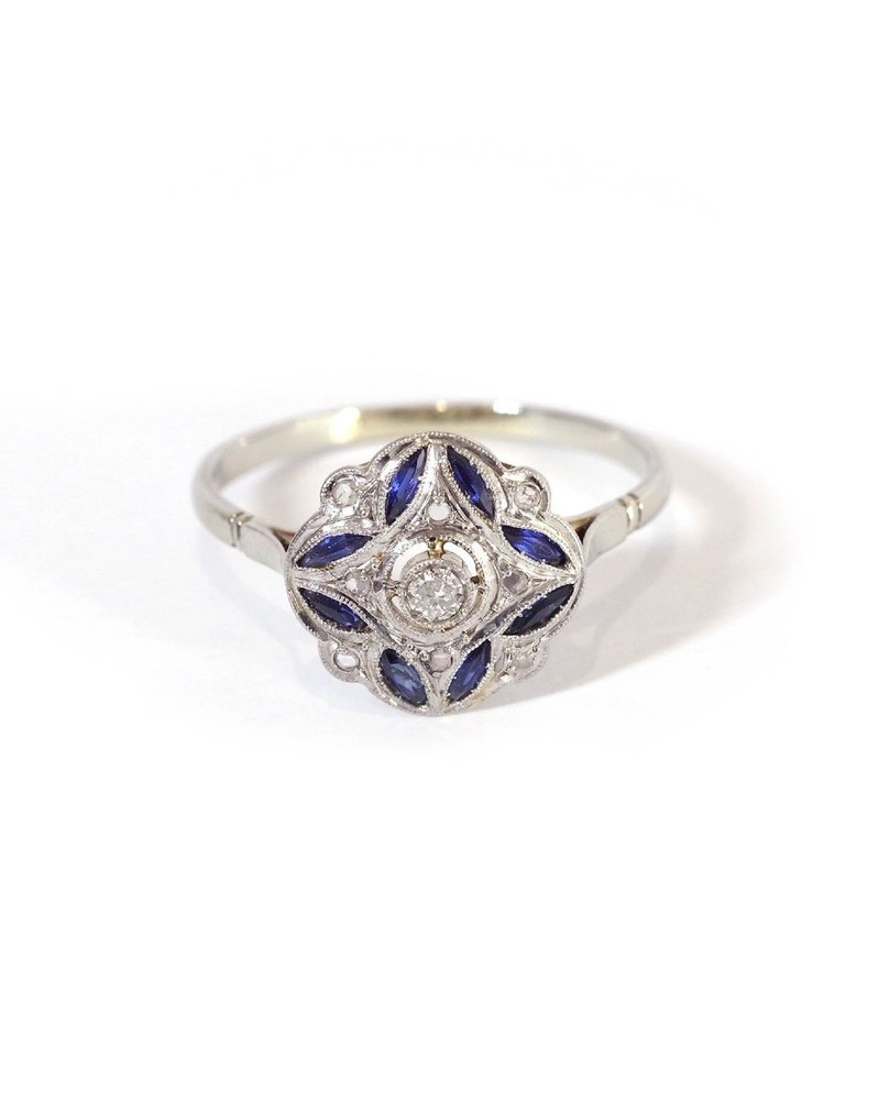 Art Deco Sapphire & Lab Created Diamond In 14k White Gold Finish Target Ring