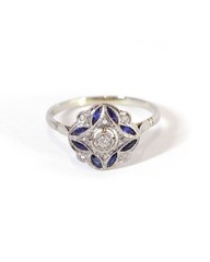 Art Deco Sapphire & Lab Created Diamond In 14k White Gold Finish Target Ring