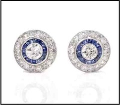 3.0Ct Vintage Art Deco Style Diamond & Sapphire Stud Halo Earrings In 925 Silver