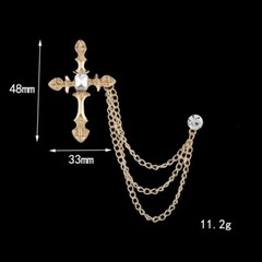 Metal Cross Brooch Crystal Rhinestone Tassel Chain Lapel Pin Fashion Men’s Gifts