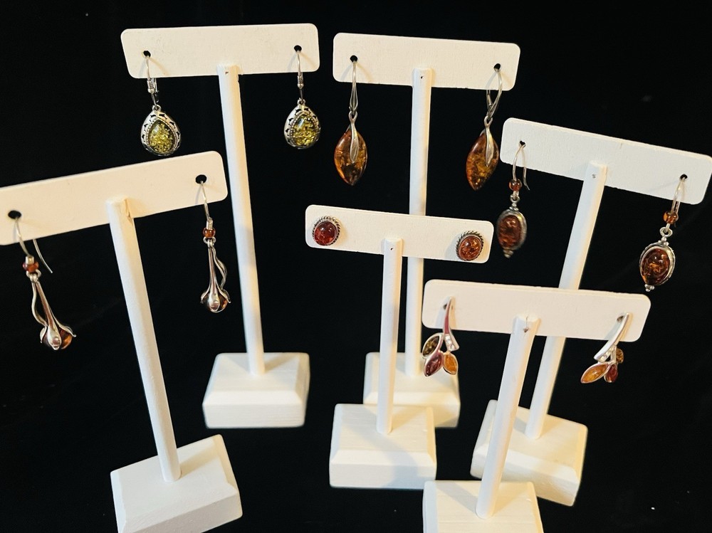 Lot of 6 Pairs Sterling Silver Baltic & Green AMBER Pierced Earrings Stud & Drop