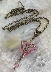 Vintage Necklace Art Nouveau Brass Pendant Antique Pink Czech Glass Drop