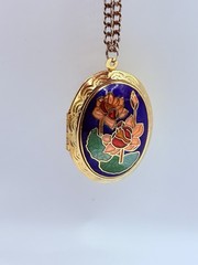 Vintage Longla Cloisonne Enamel Lotus Flower Locket Watch Pendant Art Deco Style
