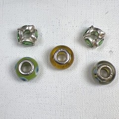 5 Sterling 925 Silver Green Blue White Yellow Glass Murano? Slide Charms