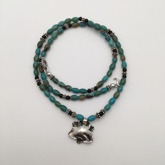 925 Sterling Silver Natural Turquoise & Black Onyx Flower Necklace 20” #42