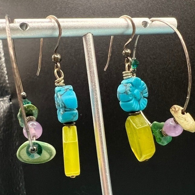 Vintage Artisan Wire Earrings 2 Pr Dangle Hoop Stones