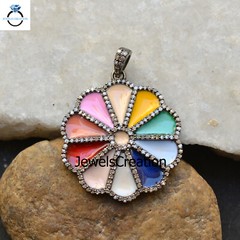 Natural Pave Diamond Multi Enamel Flower Pendant 16″ Link Chain 925 Silver Gift