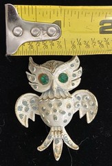 Owl Brooch Green Eyed White Enamel Vintage *Read