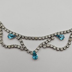 Vintage Silver Tone Blue Teardrop Rhinestone Bib Necklace 15 Inch Mid Century