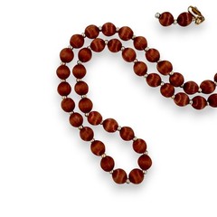 Vintage 80s True Brown Silk Covered Beaded Necklace & Clip On Earring Set
