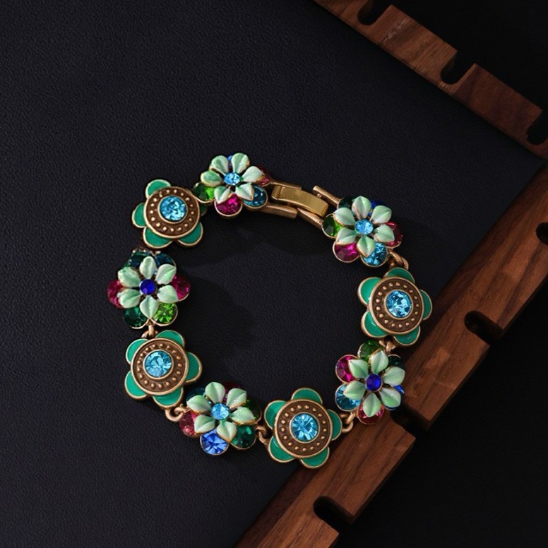 Vintage European Floral Link Bracelet Rhinestone Gold Plated Victorian Gift