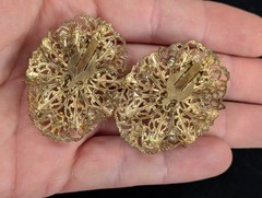 Vintage Gold Tone Filigree Clip On Earrings Faux Seed Pearl Aurora Borealis Oval