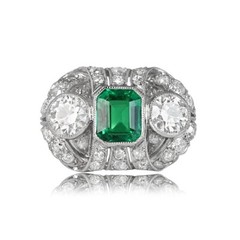 Antique Green Emerald & Lab Created Diamond Three-Stone Wedding 925 Silver Ring
