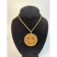 Vintage Pendant Necklace Gold Tone Smiley Face Rhinestone Eyes 28 in Convertable