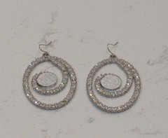 Silver Tone Dangle Drop Circle Earrings Oval Rhinestones Party Retro Elegant