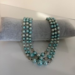 Vintage Triple Strand Faux Pearl Necklace Aqua Blue Beaded 50s Japan