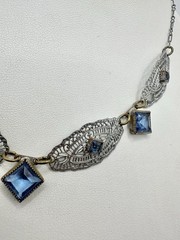 Victorian Art Deco White Metal Blue Glass Filigree Link Necklace Delicate Read