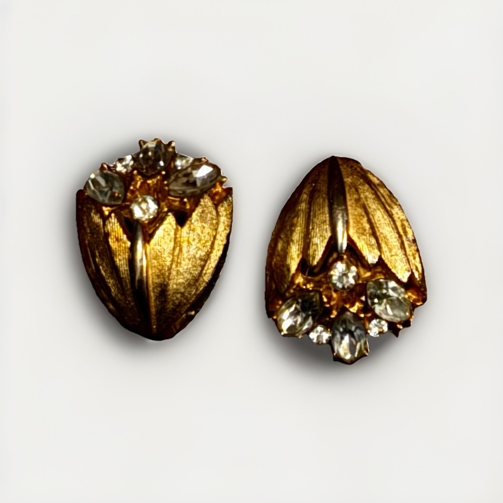 Vintage Signed BSK Clip-On Earrings, Marquise Rhinestones, 1950s-1960s