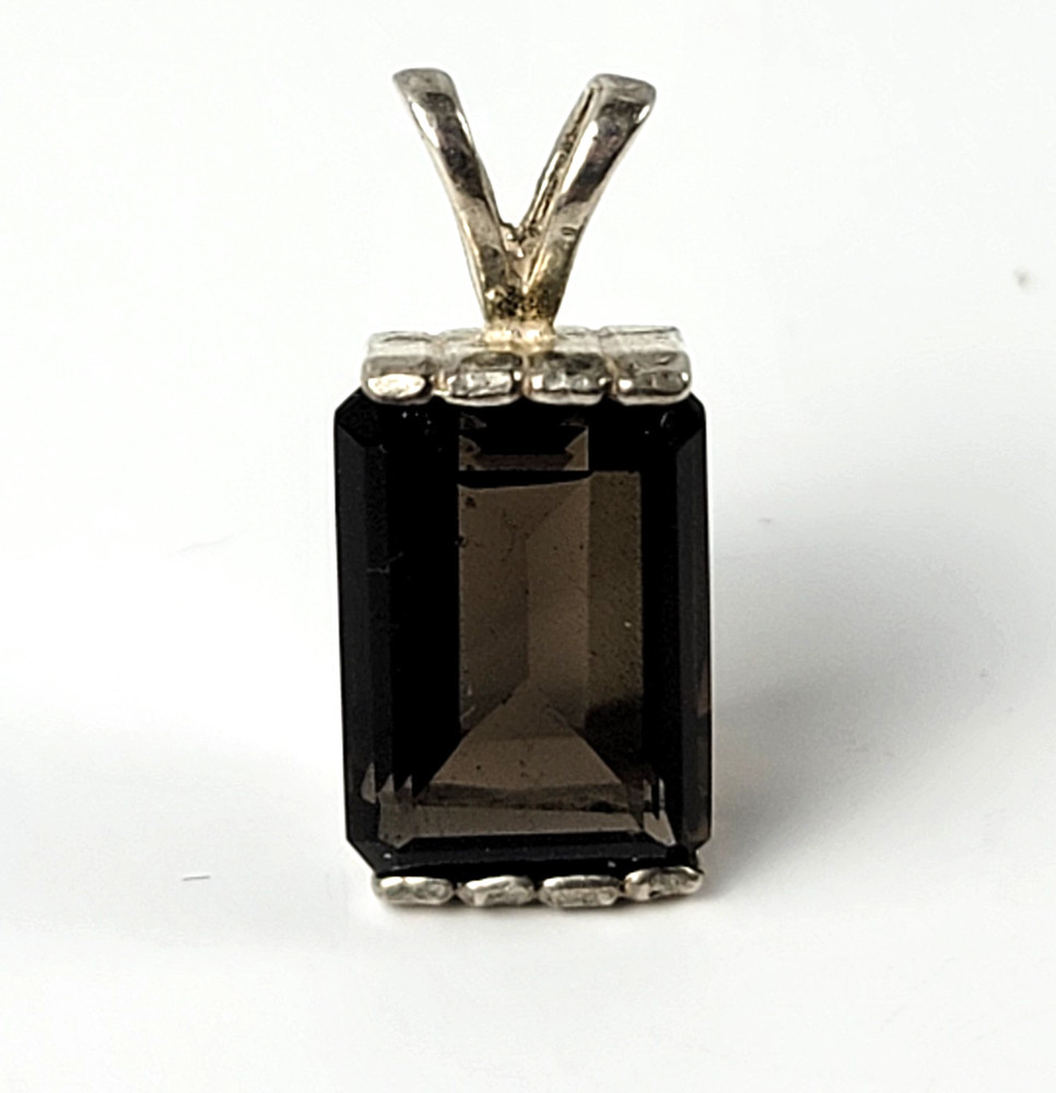 Vintage Minimalist Smoky Quartz Topaz Pendant Sterling Silver 925 4.16g Baguette