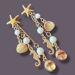 Starfish Earrings Seahorse Shell Dangle Vintage Gold Tone Faux Pearl Pierced