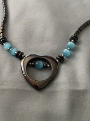16” Hematite Necklace Heart Pendant 1.25” H Aqua Blue Cat’s Eye Beads Celestial