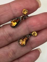 Vintage B. David Amber Rhinestone Clip On Dangle Earrings Gold Tone Signed