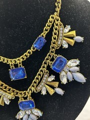 Art Deco Rhinestone Bib Necklace Adjustable length Blue Tones Statement Piece
