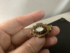 VTG/Antique brass?Czech? Garnet rhinestones Opalite glass pendant necklace 18″