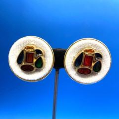 Vintage EARRINGS clip-on 1980s 1990s jeweled tones poured resin white fabric