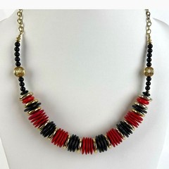 Vintage Artisan Beaded Necklace Chunky Red Black Gold Disc Wood Acrylic Metal