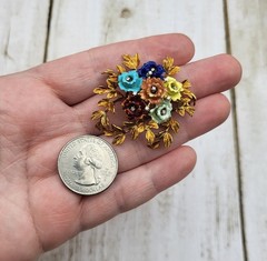 Vintage Italy 18K Gold Colorful Flower & Diamond Brooch KG Old Italian Jewelry