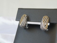 Vintage Sterling Silver 925 Gold Pave CZ Huggie Small Hoop Omega Earrings