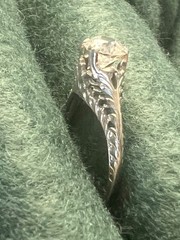 Antique Art Nouveau Solitaire Diamond Ring, 18K White Gold Filigree, Old Europea